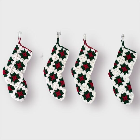 Set of 4 Granny Square Christmas Star Handmade Stockings Green Red Holiday Decor - Picture 1 of 12